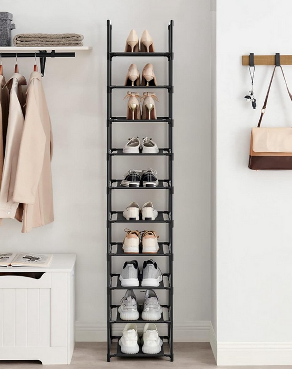 Schoenenrek, 10 niveaus, schoenenrek, schoenenopberger, smal, 33 x 33 x 173 cm, metalen frame, planken van vliesstof, voor hal, slaapkamer, zwart (8785341876645)