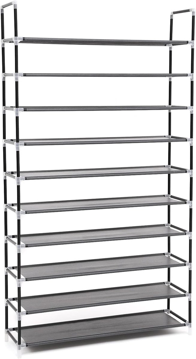 Schoenenrek - 10 niveaus - voor maximaal 50 paar - vliesstof - Metaal - Stevig - Ongelakt - Trapezium - 29D x 100B x 175H centimeter - Zwart (8785305605298)