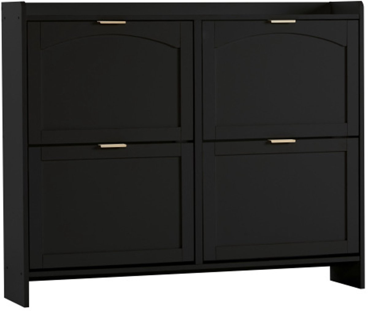 Schoenenrek 110x24x90cm Schoenenkast Schoenenmeubel Zwart Spaanplaat Verborgen Ontwerp Vier Kleppen Met Open Vakken Vrijstaand Geschikt Voor Hal En Gang (4255839480141)