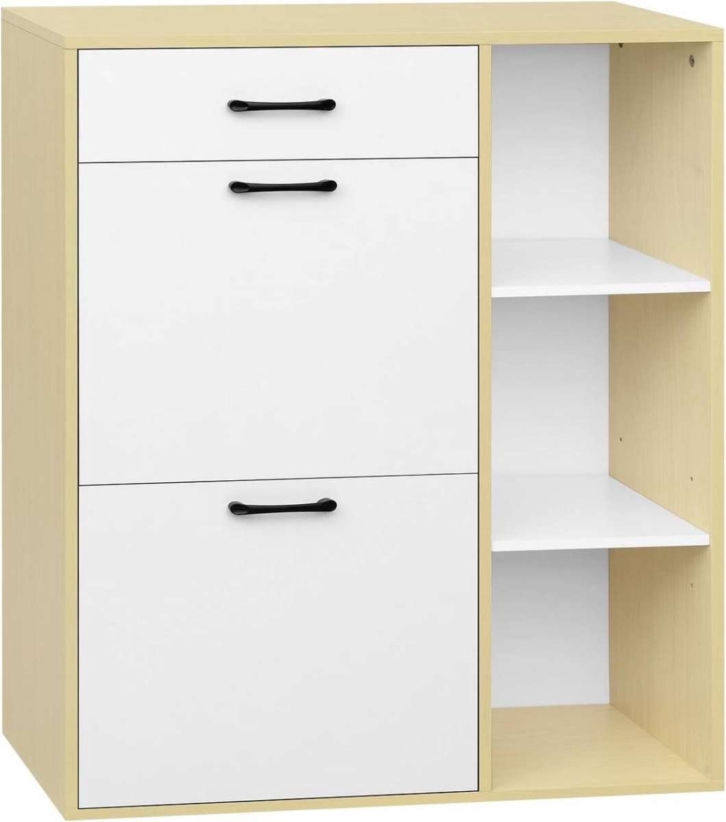 Schoenenrek - Schoenenkast met 2 Opvouwbare Compartimenten, Ruimtebesparend, Wit + Natuurlijke Houtkleur (8721328629750)