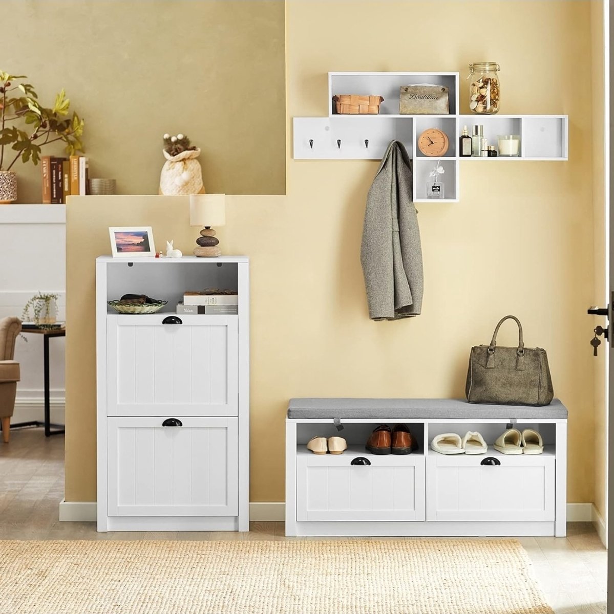 Schoenenrek Schoenenkast smal met 2 kleppen Schoenenrek met 4 legplanken Schoenencommode met extra vak schoenenrek wit B x D ca.: 60x110x24cm (5487571381038)