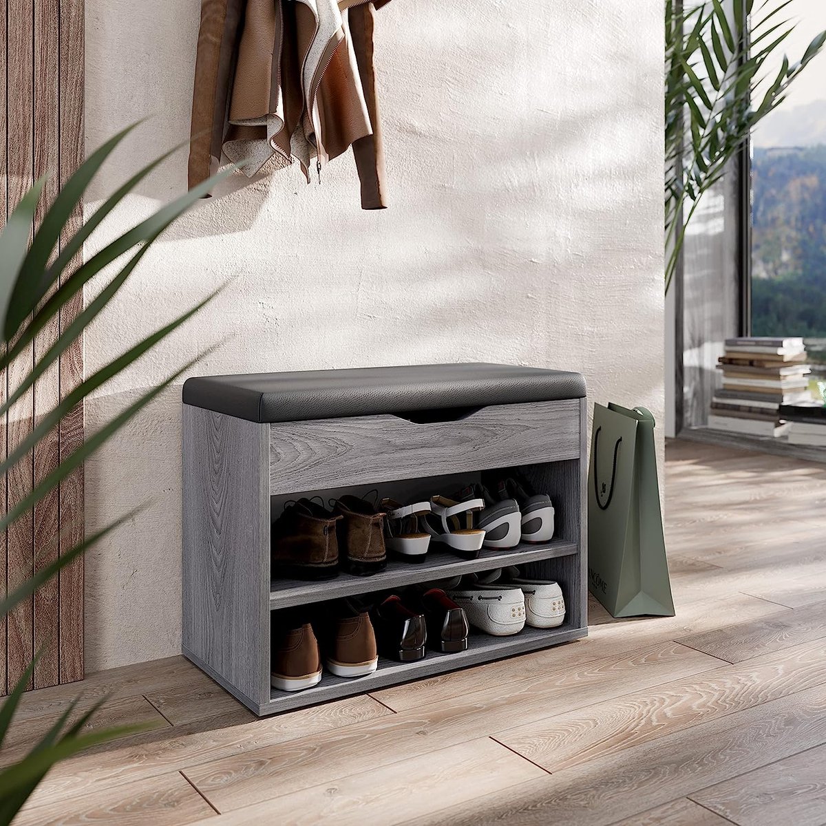 Schoenenrek klein 60 x 42 x 30 cm Schoenenkast met zitbank Eiken grijs - Shoe rack with bench WM032-EH-A (7595980424173)