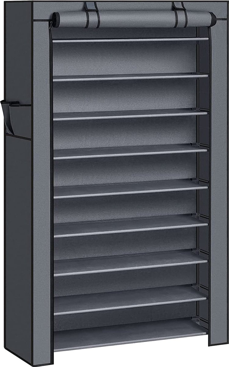 Schoenenrek met 10 niveaus, 28 x 88 x 160 cm, schoenenkast, schoenenopberger, met stofkap, schoenenopberger, voor hoge hakken, sportschoenen, metalen frame, grijs (7593919924312)