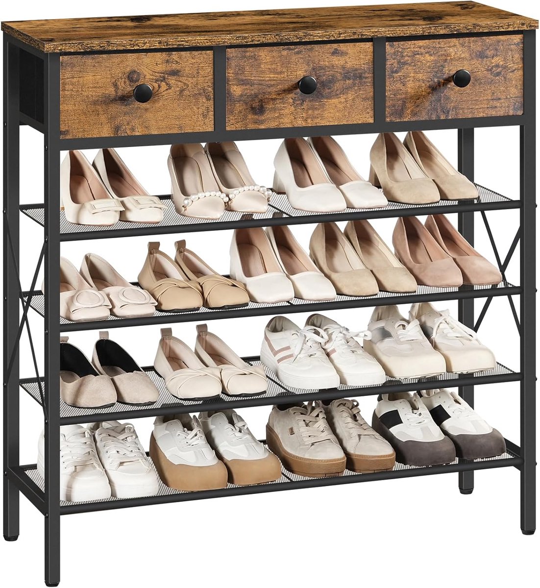 Schoenenrek met 5 niveaus - groot schoenenrek met 3 stoffen laden en 4 roosters, ruimtebesparend, vintage bruin-zwart, ideaal voor hal of entree (5487571403891)