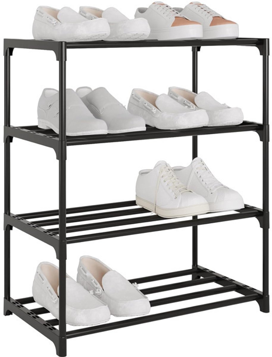 Schoenenrek met vier niveaus - stapelbare metalen schoenenkast - geschikt voor gangen, woonkamers, slaapkamers, kleedkamers en gangen - zwart - 44*28*53cm (8015817325934)