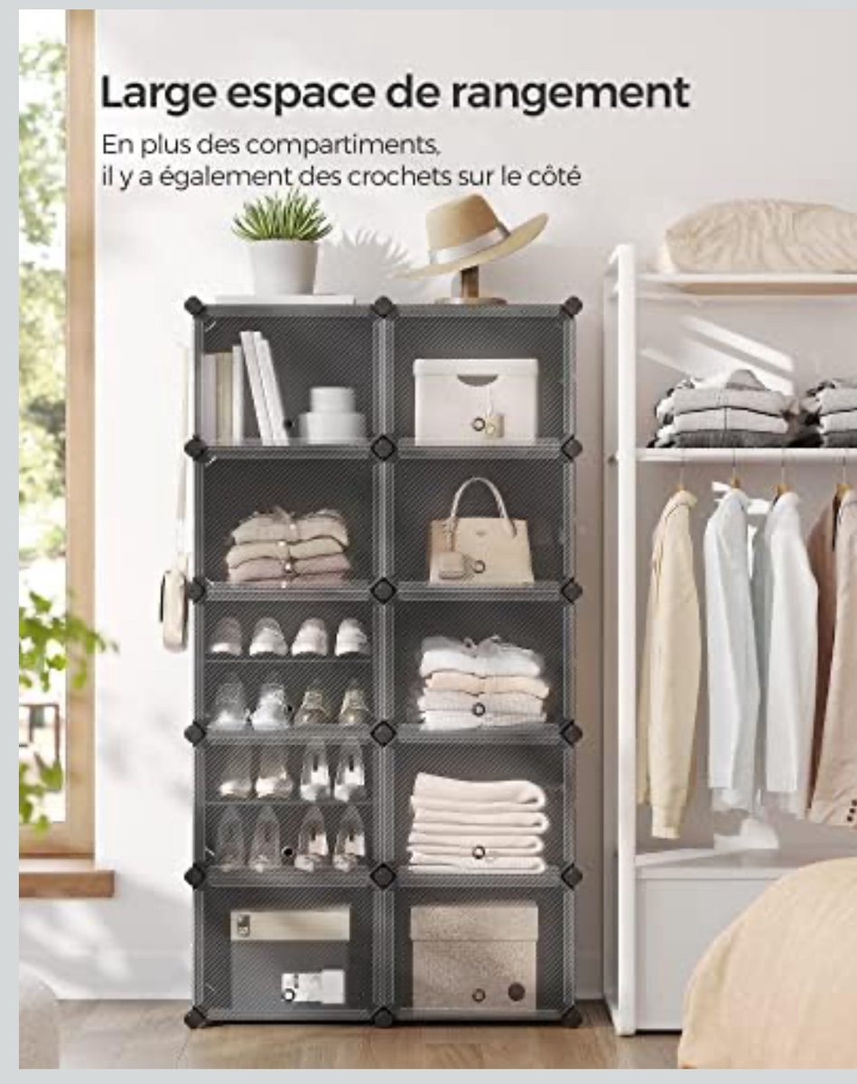 Schoenenrek, modulaire opbergkast, 10 vakken, met deuren, stalen frame, kunststof panelen, 30 x 40 x 30 cm per vak, zwart (9503872633792)