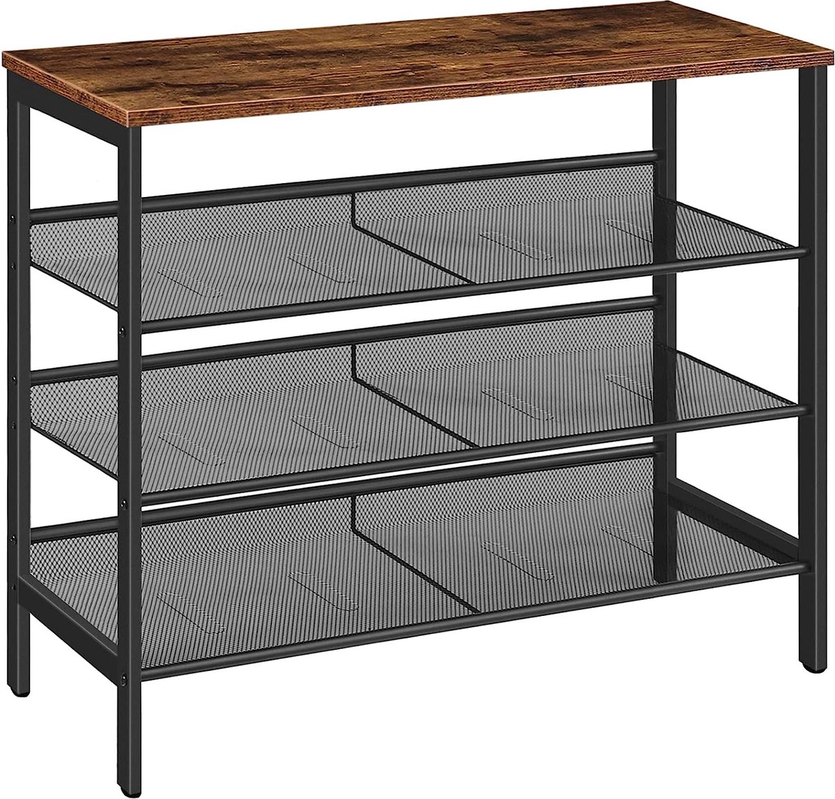 Schoenenrek, schoenenkast met 4 niveaus, schoenenbank met 3 roosterplanken, plat of schuin, stabiel, voor entree, hal, slaapkamer, industrieel design, vintage bruin-zwart EUBF14XJ01 (7595980425972)