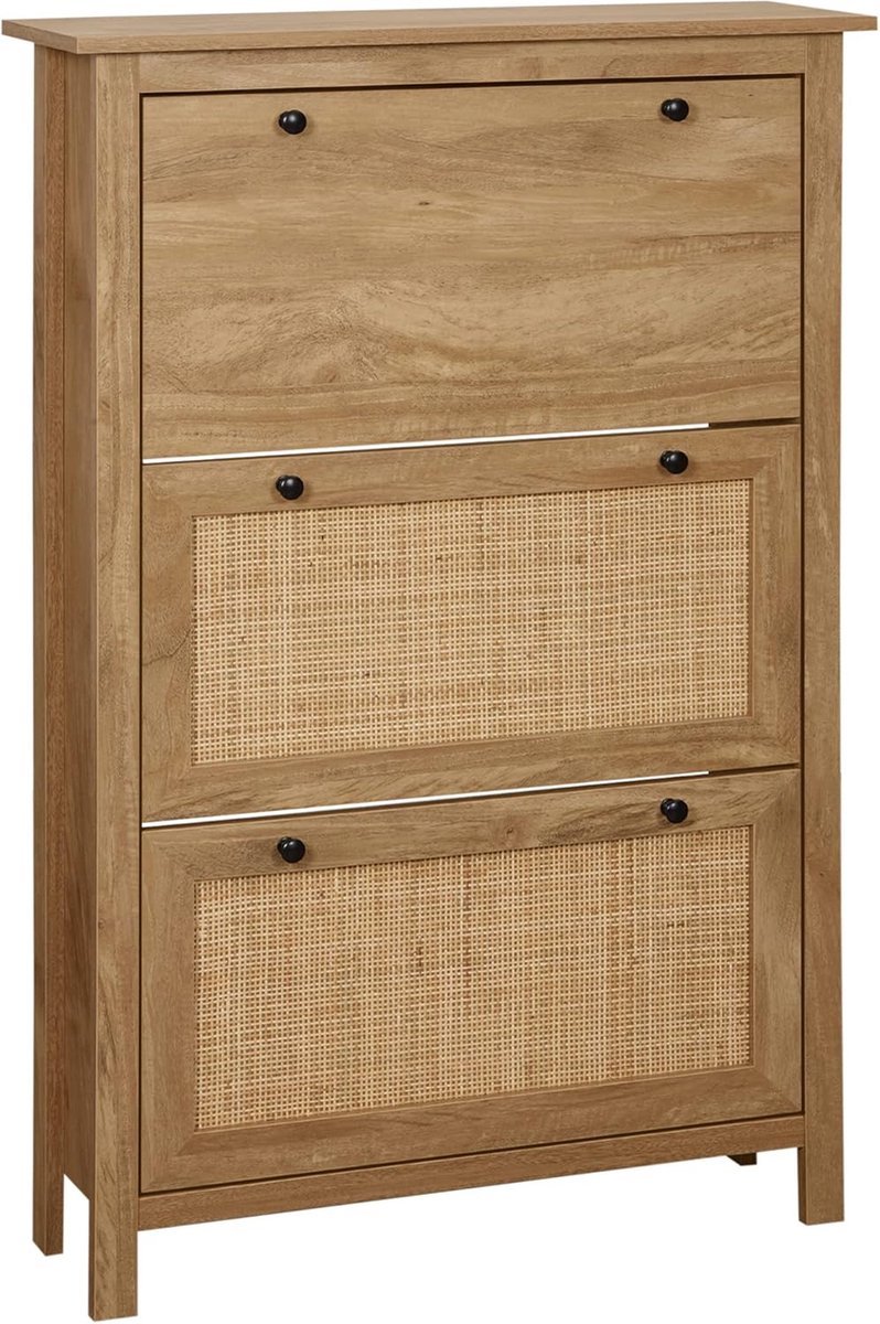 Schoenenrek, schoenenrek, 3 klapdeuren, rotan-effect, hout, afmetingen: 80 x 23,5 x 121,5 cm, natuurlijk hout (8785291981147)