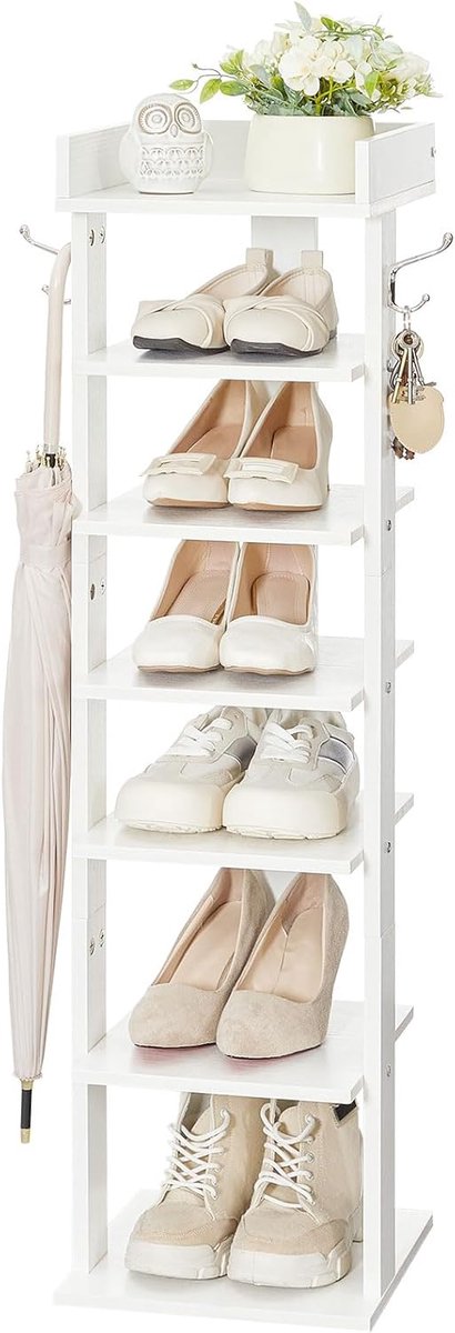 Schoenenrek, verticaal schoenenrek, 7-laags schoenenkast, smalle schoenenstandaard met omheining en haken, ruimtebesparend, voor hal, woonkamer, slaapkamer, wit (8785341876676)
