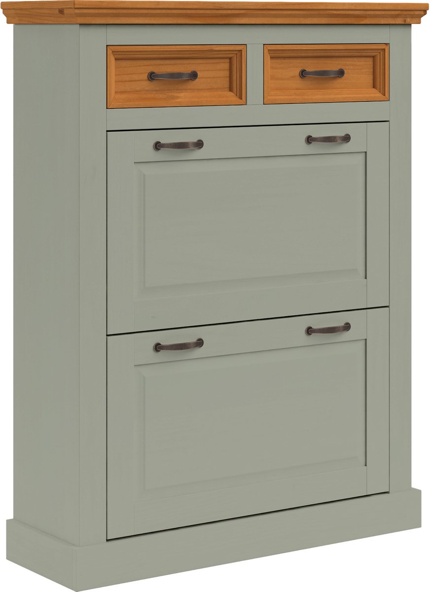 Selma|Schoenenopbergmeubel met 2 kleppen en 2 laden in grenen groen Gebeitst met was (5711950589044)
