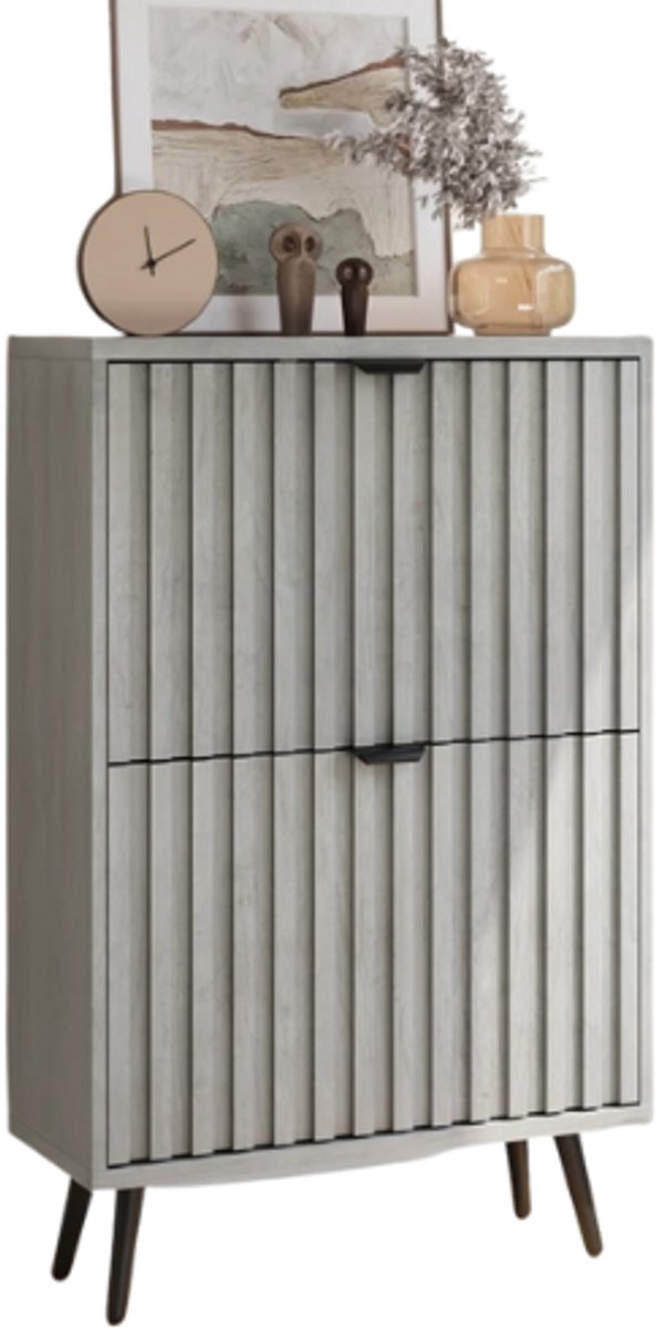 Smalle Schoenenkast met 2 Flip-Lades | Modern Design | Metalen Poten | 6-12 Paar | Ruimtebesparend & Stofvrij - Grijs - Ribprofiel (8721447041648)