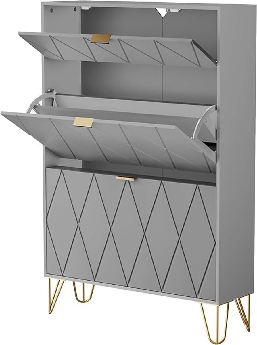 Smalle Schoenenkast met 2 Kleppen - Opbergruimte voor 16 Paren Schoenen en 1 Lade 80x24x120 cm-Grijs (5487571670194)