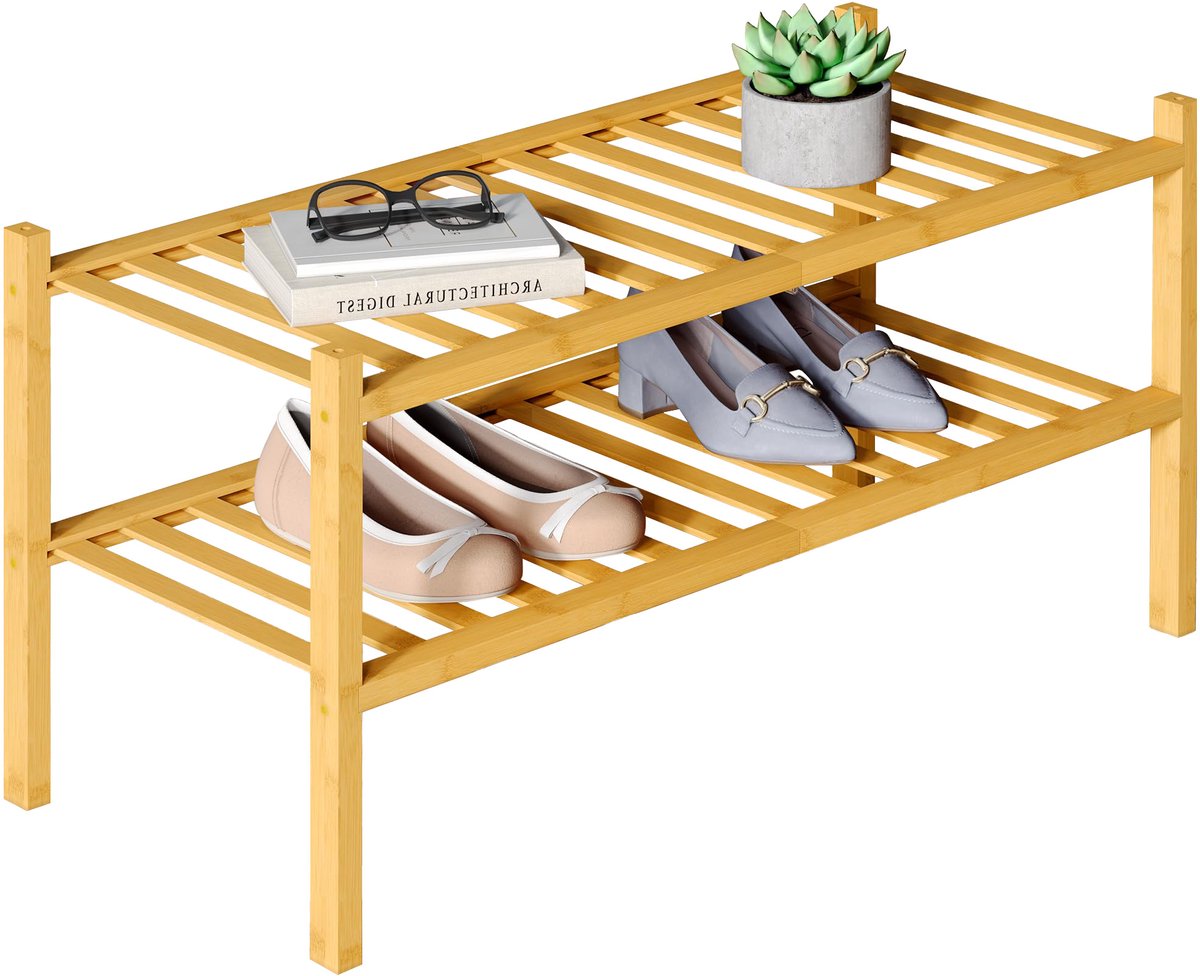 Smiry Schoenenrek (2 niveaus) - Bamboe Schoenenrek - Houten Schoenenkast -Schoenenrek hout - 68x28x33cm - Houtkleur (6979033210059)