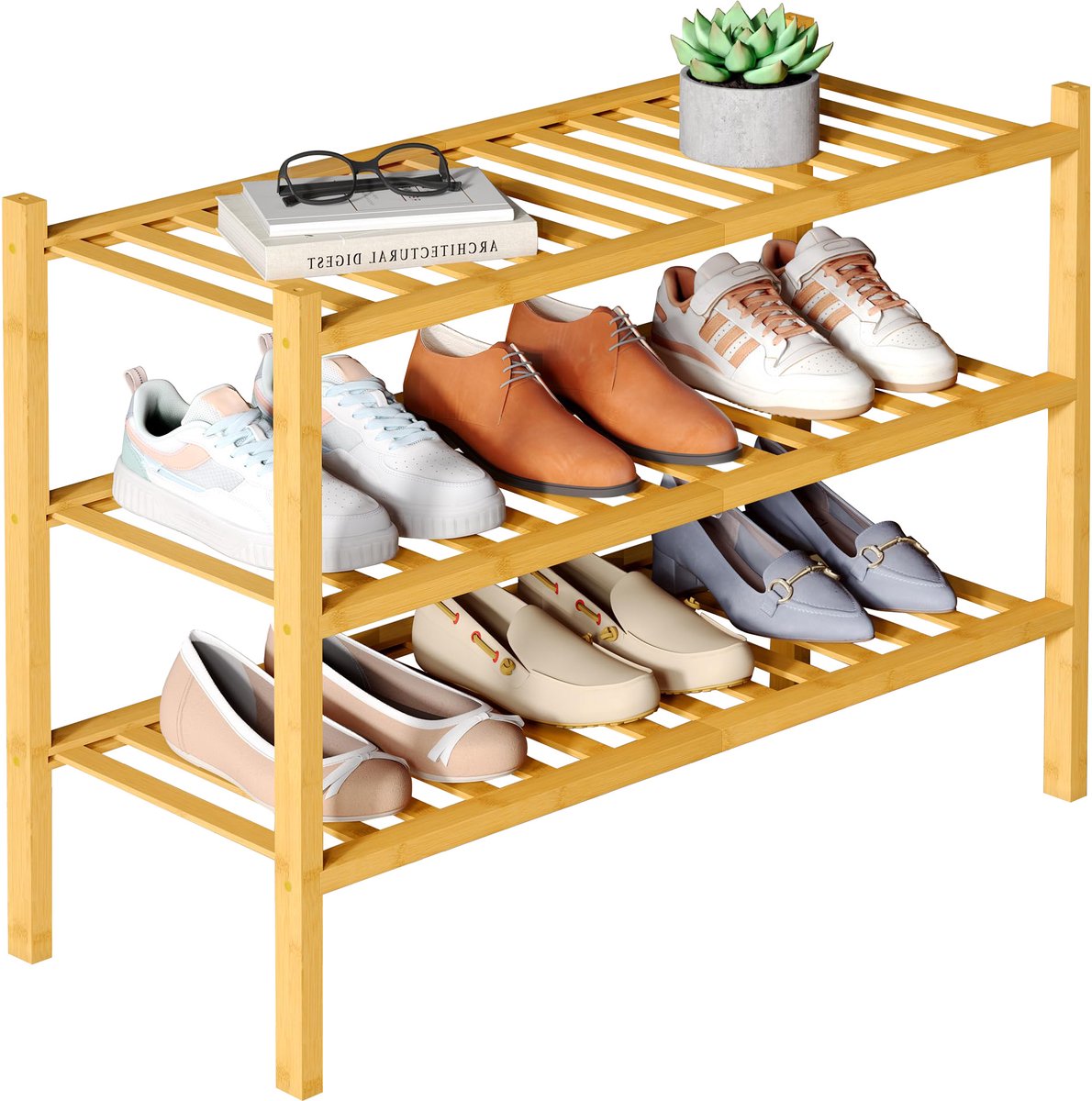 Smiry Schoenenrek (3 niveaus) - Bamboe Schoenenrek - Houten Schoenenkast -Schoenenrek hout - 68x28x46.5cm - Houtkleur (6979033210172)