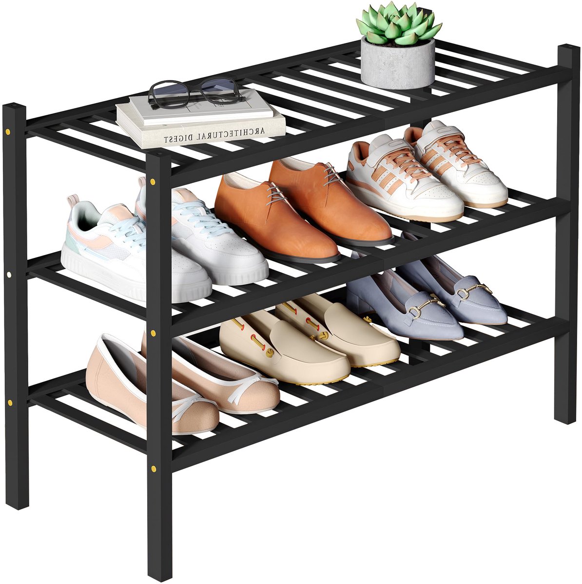 Smiry Schoenenrek (3 niveaus) - Bamboe Schoenenrek - Houten Schoenenkast -Schoenenrek hout - 68x28x46.5cm - Zwart (6979033210202)