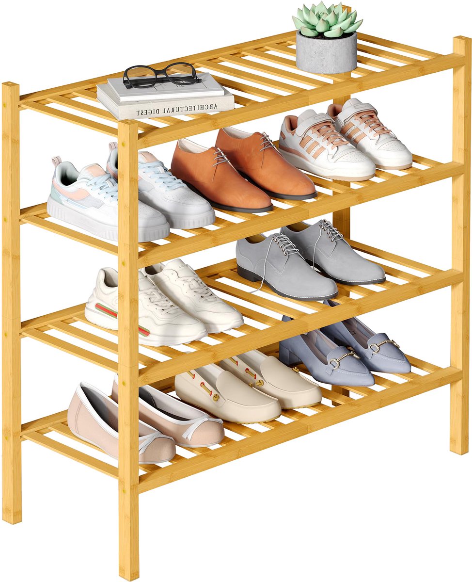 Smiry Schoenenrek (4 niveaus) - Bamboe Schoenenrek - Houten Schoenenkast -Schoenenrek hout - 68x28x66cm - Houtkleur (6979033210189)