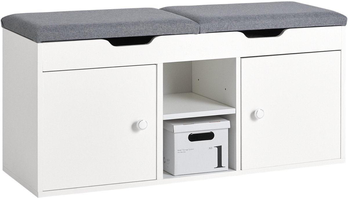 SoBuy FSR96-W Schoenenbank, Entreekast met Gewatteerd Kussen, 2 Zitsbank, 2 Planken en 2 Deuren, Witte Opbergbank, 100x34x48 cm (4251388616611)