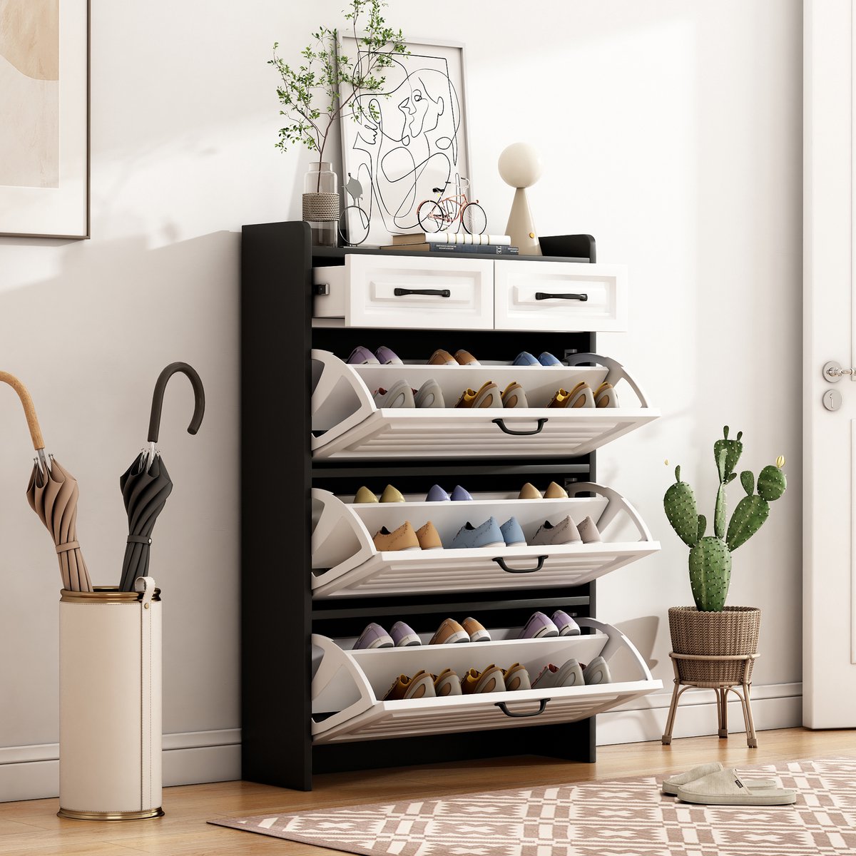 Sweiko Schoenenkast - Opklapbare lade - 3 grote schotten 2 laden - Houten schoenenrek - Wit + Zwart (7419685254715)