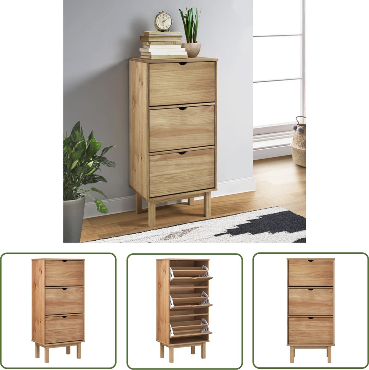 The Living Store OTTA Schoenenkast - 55 x 35 x 120 cm - Massief grenenhout - 3 kieplades (8721032087389)