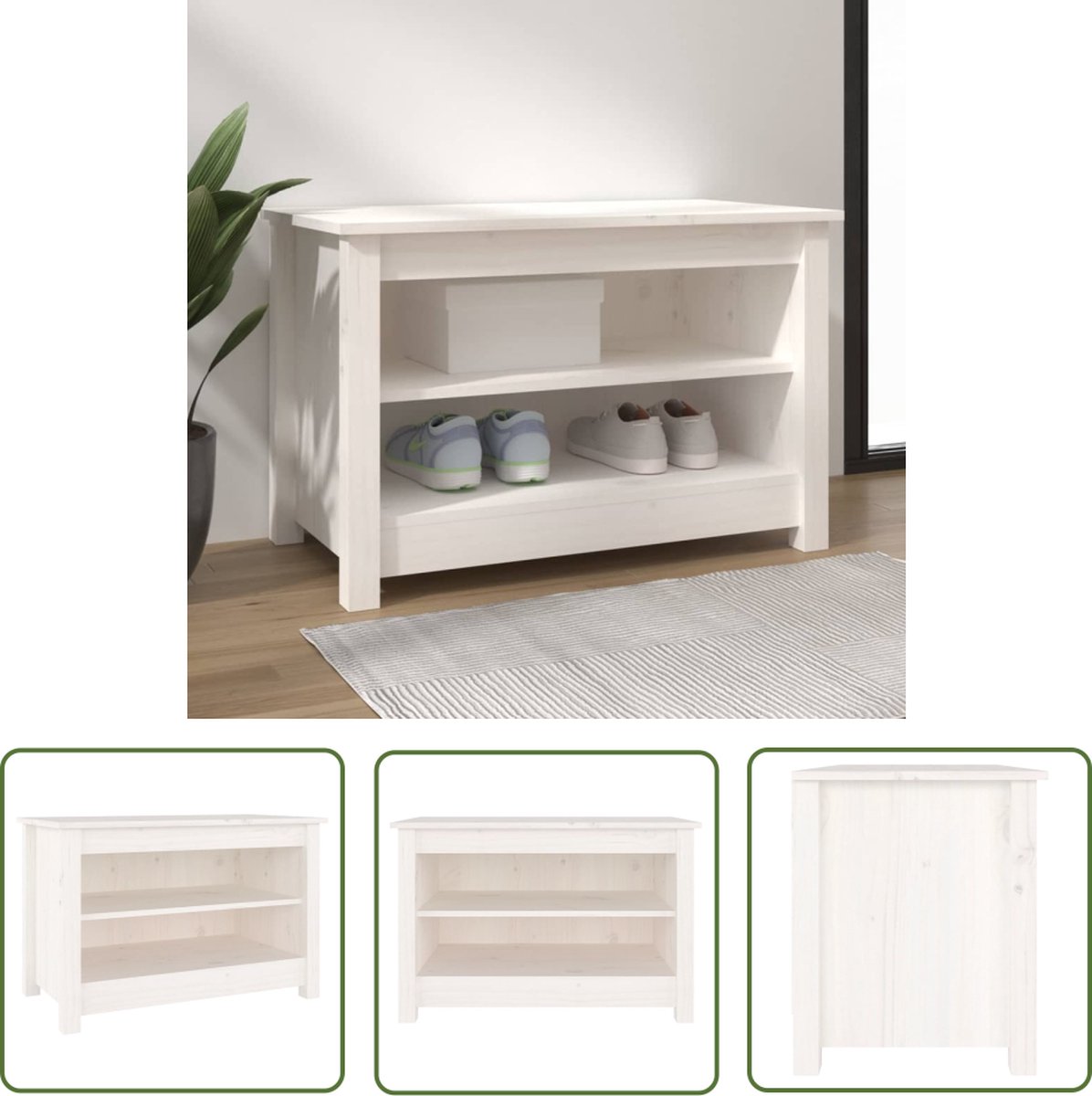 The Living Store Schoenenbank 70x38x45,5 cm massief grenenhout wit - Trendy Schoenenbank - Schoenenkast - Schoenuitlegger - Grenenhouten Meubilair - Witte Meubels (8721031231035)