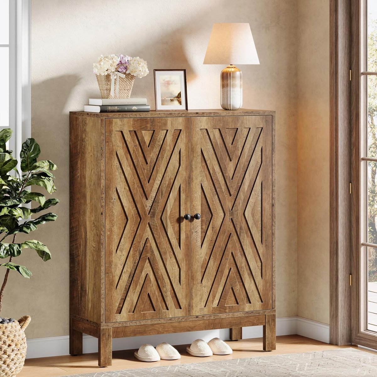 Tribesigns Schoenenkast - 5 Lagen Schoenenrek - 90x35x110cm - Schoenenkast met Deuren en Verstelbare Planken - Houten Schoenenopberger voor Entree, Woonkamer - Bruin (0078756463806)