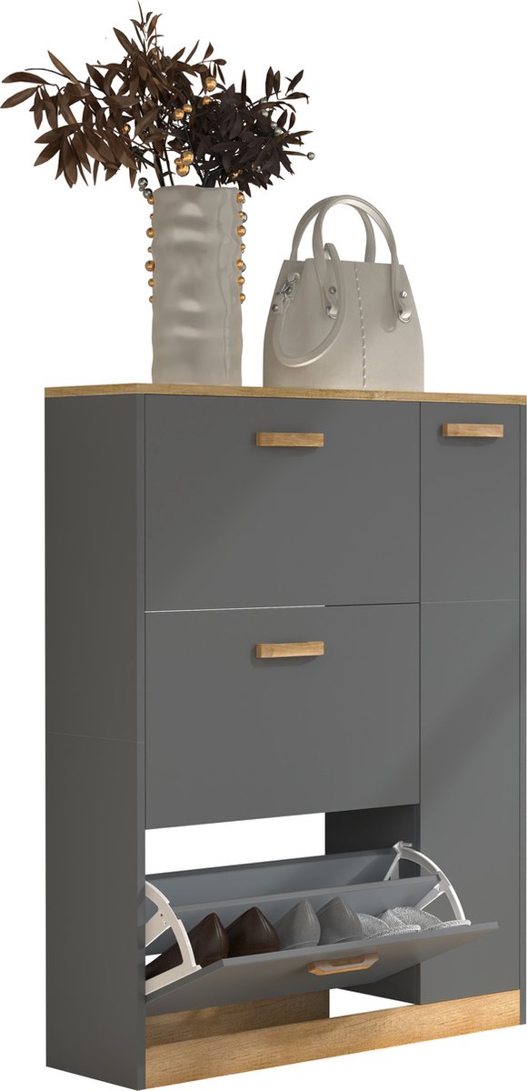 VCM Houten plank Kipper schoenenrek Schoenenkast Schoenenkipper 3 kleppen 1 draaideur Halom L Houten plank Kipper schoenenrek Schoenenkast Schoenenkipper 3 kleppen 1 draaideur Halom L (4051814441226)