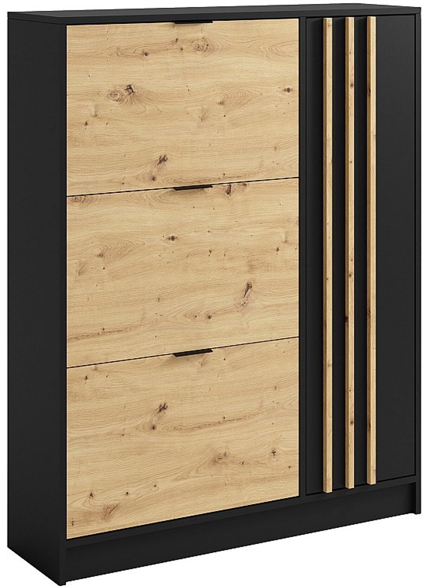 Vente-unique Schoenenkast met 1 deurtje en 3 openklappende compartimenten - Houtlook en zwart - JANAKIA (3666471177169)