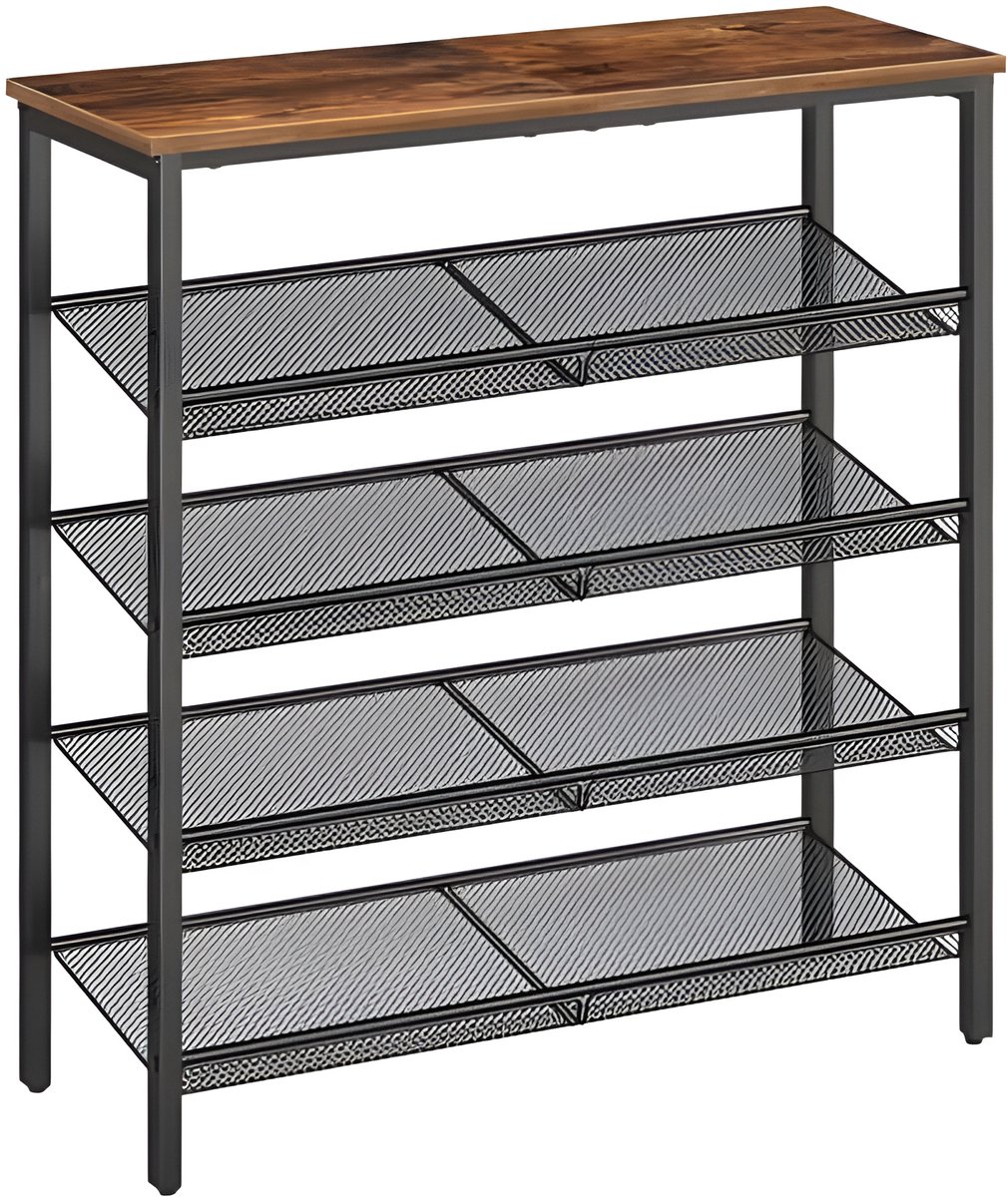 Vintage stijl schoenenrek met 5 verdiepingen, verstelbare metalen roosterplanken, ruim bovenblad, geschikt voor 16-20 paar schoenen, industrieel design voor hal of entree (8785341872487)