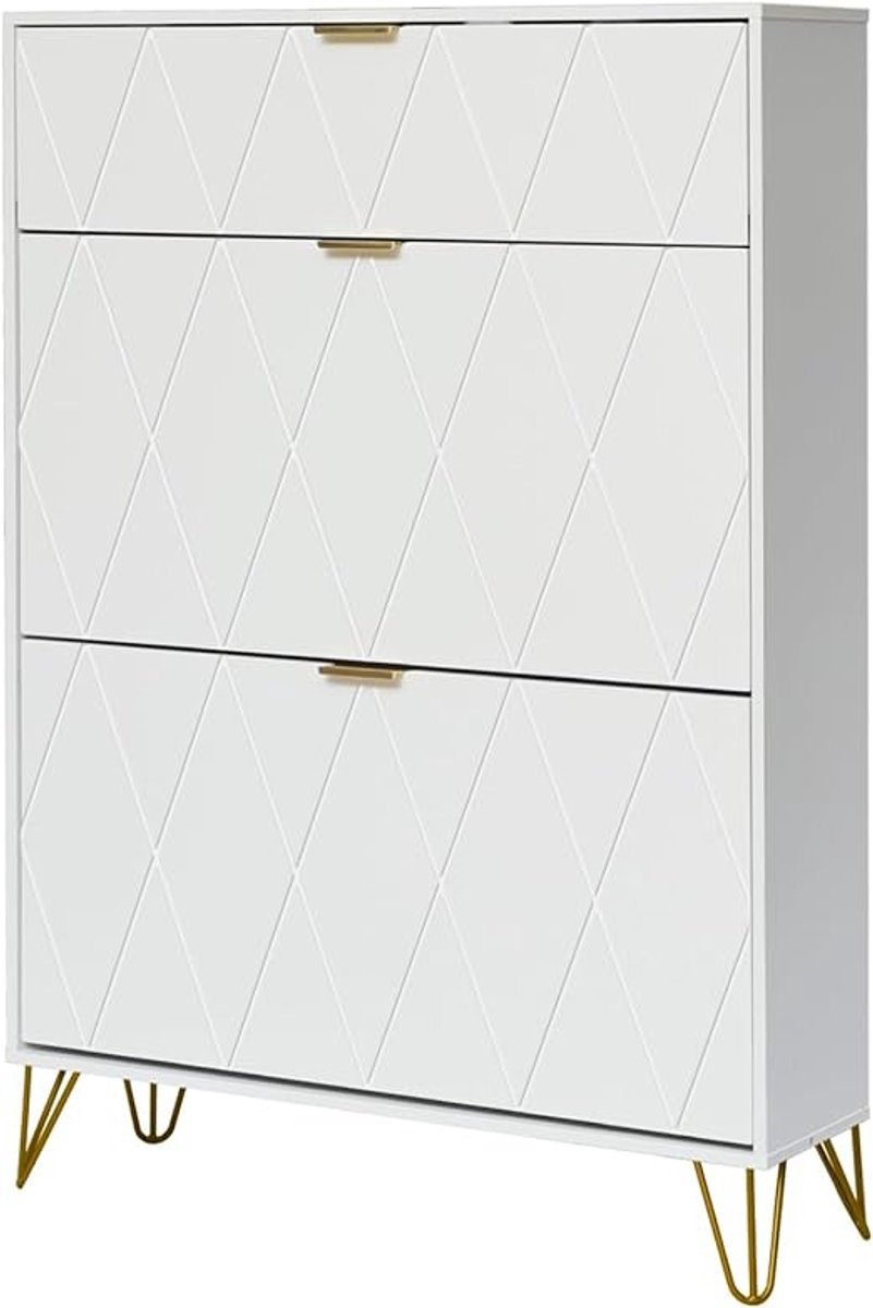 Witte Kantelbare Schoenenkast voor 16 Paren - 3 Vakken met Verborgen Rek 80x24x120 cm (5487571670200)