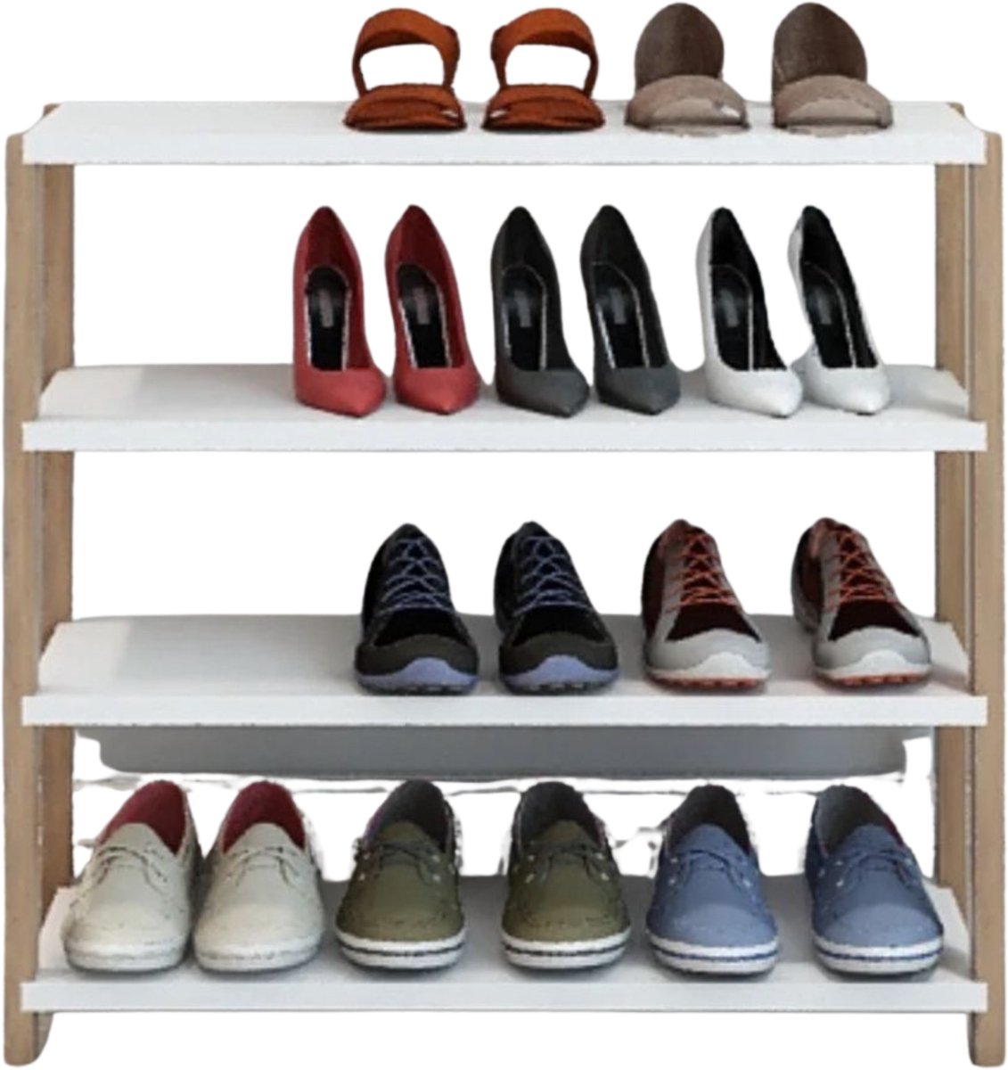 WoodWorks Schoenenrek 4-Laags - Multifunctionele Opbergkast - Wit/Hout - Voor Schoenen, Planten & Accessoires - 65x25x64,5 CM (8721082209748)