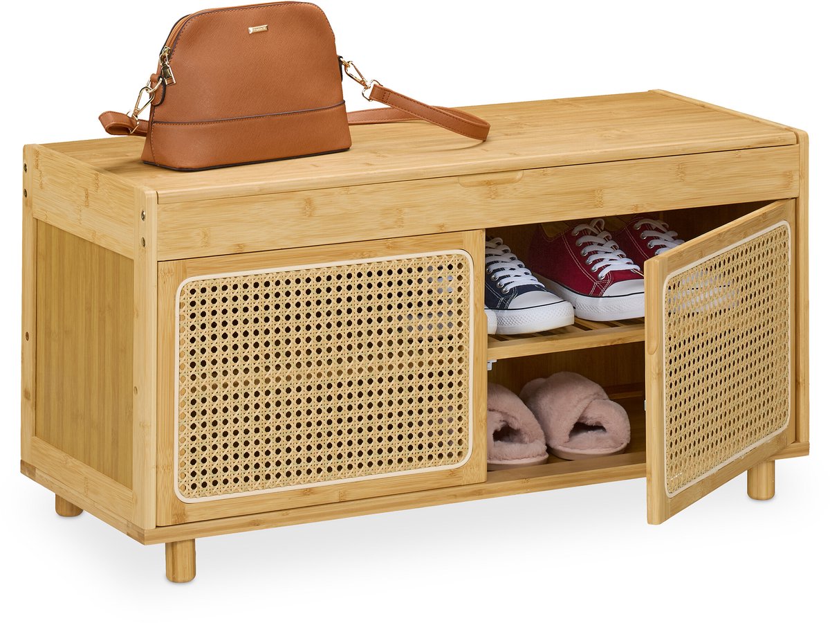 schoenenbank - met deuren - 2 vakken - 90 cm breed - opbergruimte - bamboe (4052025504601)