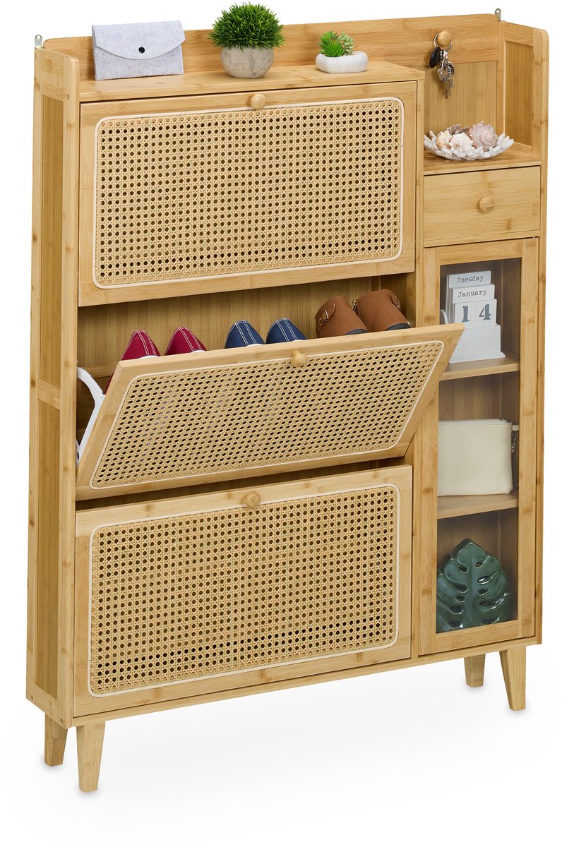 schoenenkast - 127x95x19 cm - voor 9 paar - 3 kleppen - bamboe (4052025504595)