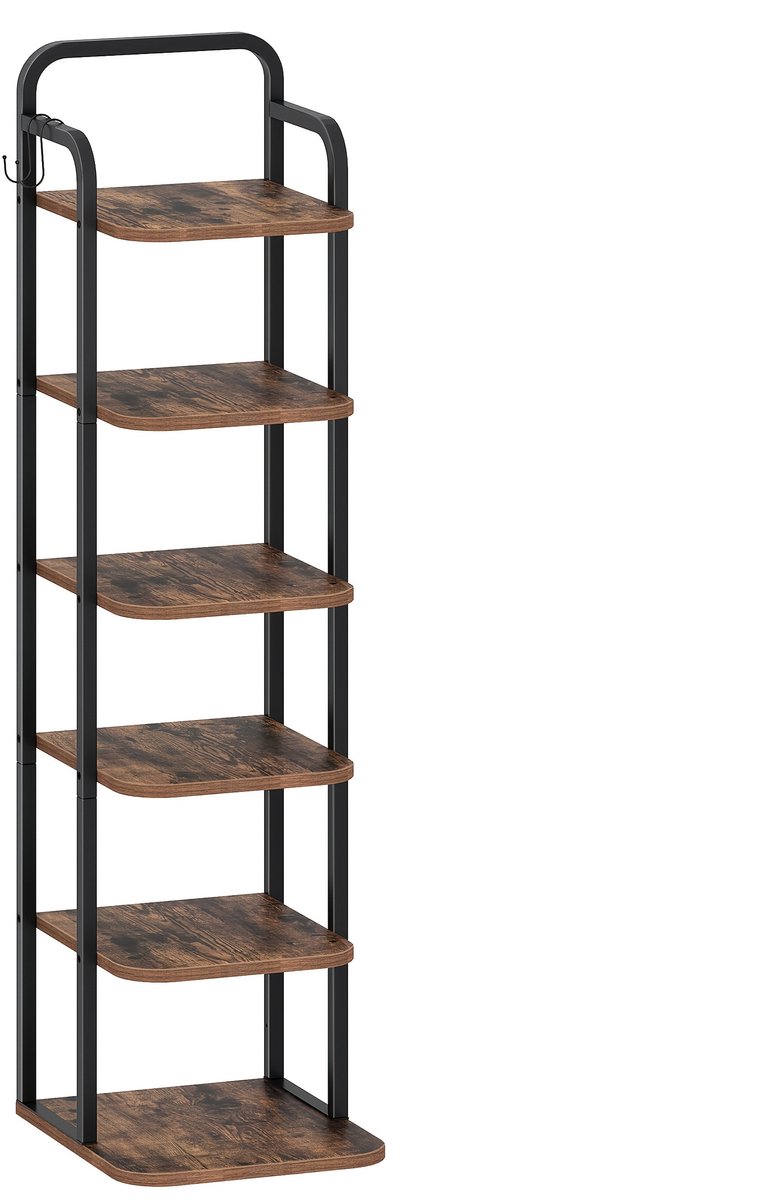 schoenenkast-schoenenrekker 6-Laags -Houten Schoenenorganizer voor Kast- Entree- Vrijstaand- Verstelbaar- Rustiek Bruin en Zwart (8721449900301)