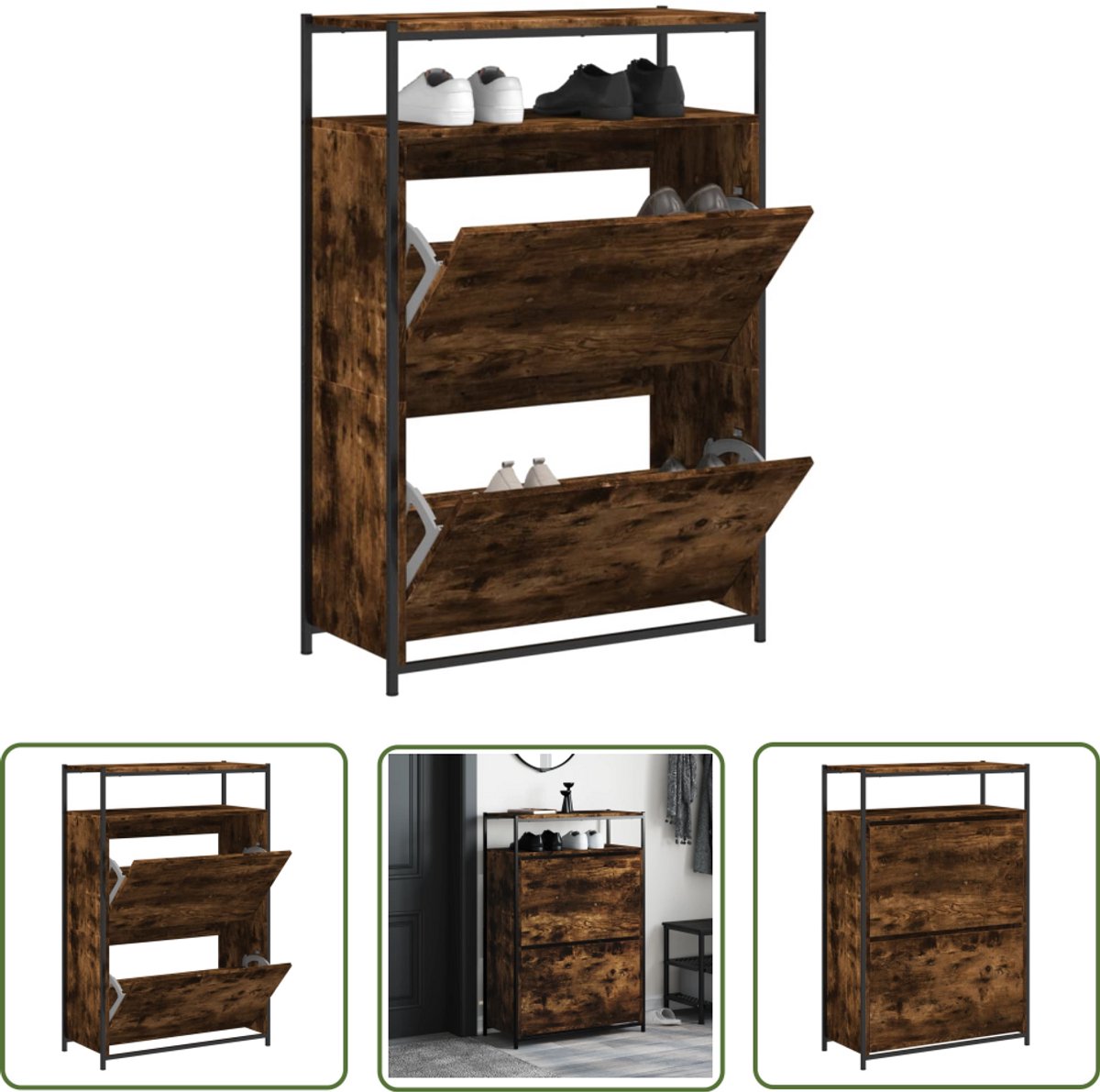 vidaXL Compact - Schoenenkast - Schoenenkast 75x34x112 cm bewerkt hout gerookt eikenkleurig - Bruine Schoenenkast - Houten Schoenenkast - Schoenuitlegkast (8721194090296)