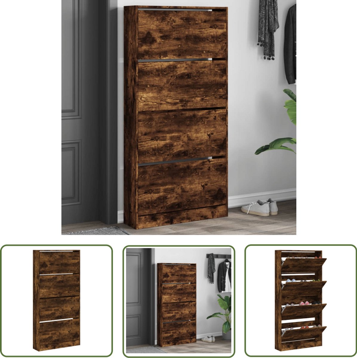 vidaXL Houten Schoenenkast - Schoenenkast - Schoenenkast met 4 klaplades 80x21x163,5 cm gerookt eikenkleur - Bruine Schoenenkast - Compact Schoenenkast - Schoenenkast Met Lades (8721194080372)