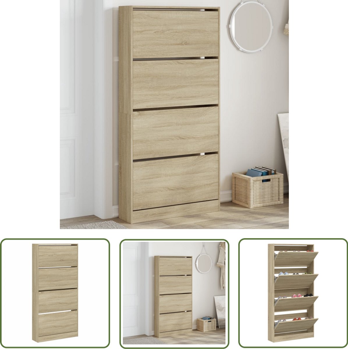 vidaXL Houten Schoenenkast - Schoenenkast - Schoenenkast met 4 klaplades 80x21x163,5 cm sonoma eikenkleurig - Bruine Schoenenkast - Sonomaplank - Compact Schoenenkast (8721194388775)
