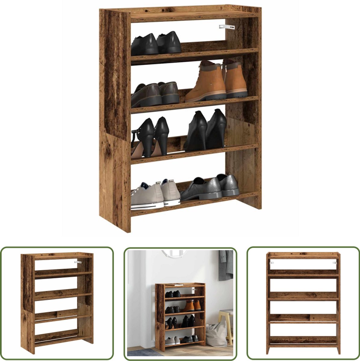 vidaXL Houten Schoenenkast - Schoenenrek - Schoenenrek 60x25x81 cm bewerkt hout oud houtkleurig - Vintage Schoenenrek - Entree Kast - Organisatie Schoenen (8028506499144)
