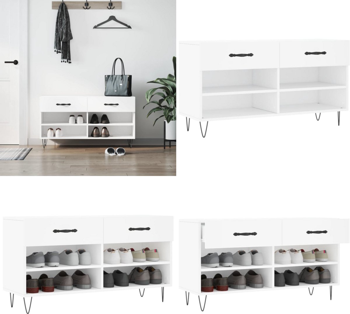 vidaXL Schoenenbank 102x35x55 cm bewerkt hout wit - Schoenenbank - Schoenenbanken - Opbergbank - Schoenenkast (8265885431154)