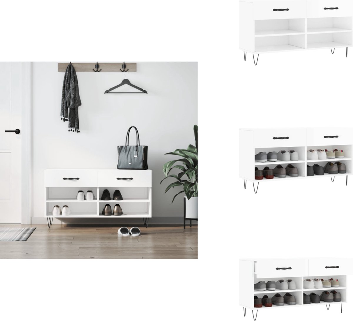 vidaXL Schoenenbank - Schoenenbanken - Opbergbank - Schoenenkast - Schoenenbank 102x35x55 cm bewerkt hout hoogglans wit (8721096913303)