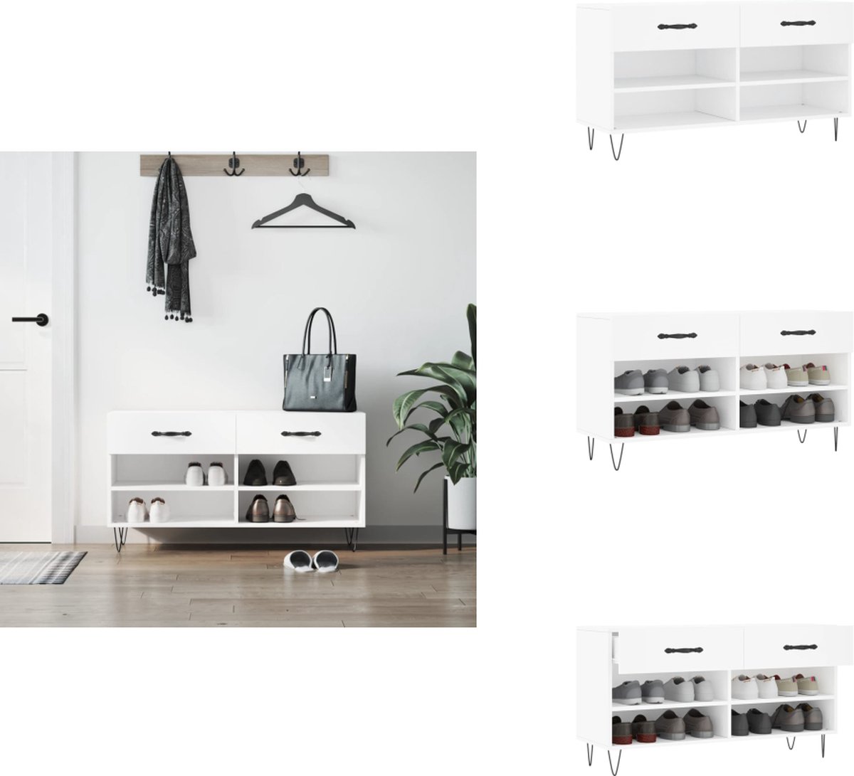 vidaXL Schoenenbank - Schoenenbanken - Opbergbank - Schoenenkast - Schoenenbank 102x35x55 cm bewerkt hout wit (8721096988639)