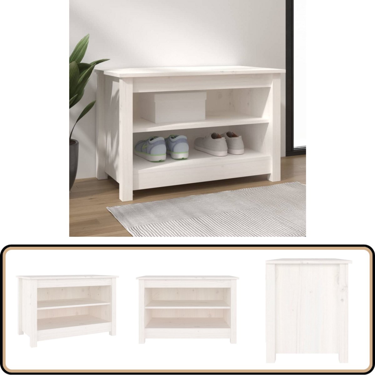 vidaXL Schoenenbank - Wit - 70x38x45,5 cm - Grenenhout Schoenenbank - Grenenhout Meubilair - Witte Meubels - Opbergmeubelen - Entree Bank (8115801843823)