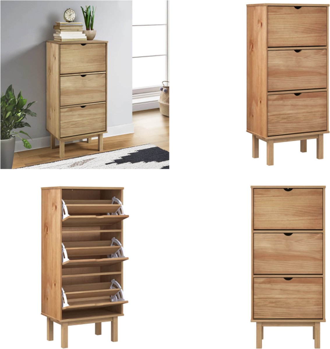 vidaXL Schoenenkast OTTA 3 lades massief grenenhout - Schoenenrek - Schoenenrekken - Opbergrek Voor Schoenen - Schoenenstellage (8721114757735)