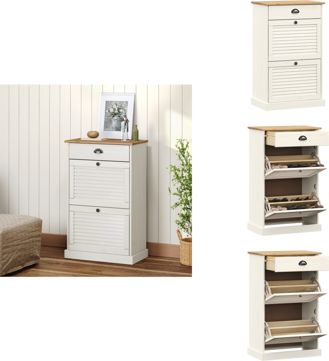vidaXL Schoenenkast - Schoenenkasten - Schoenenopberger - Schoenenrek - Schoenenkast VIGO 60x35x96 cm massief grenenhout wit (8721096904158)