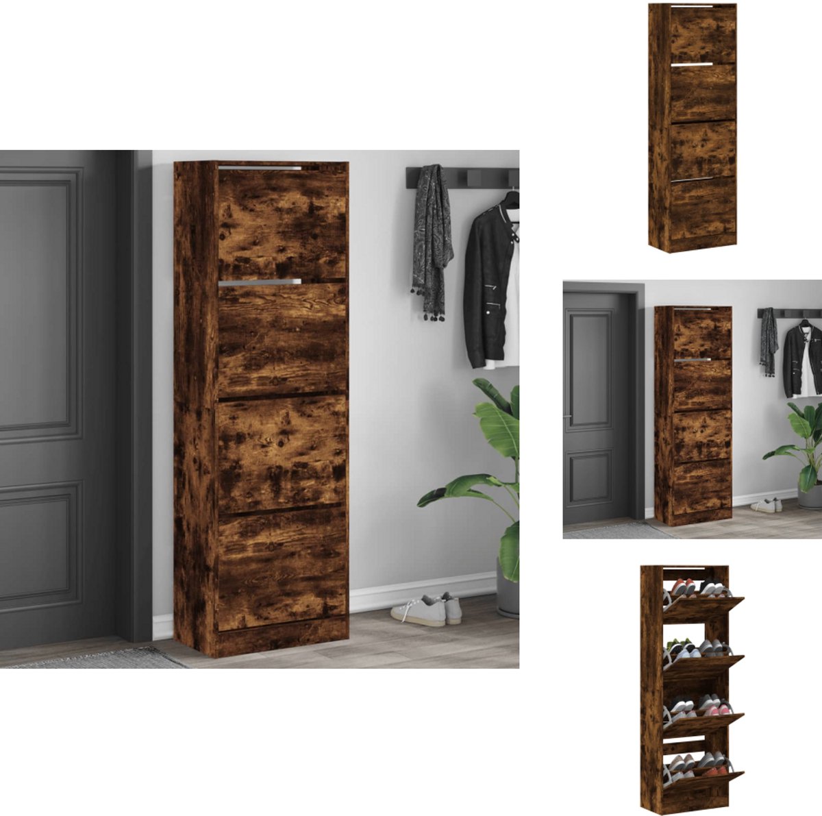vidaXL Schoenenkast - Schoenenkasten - Schoenenrek - Schoenen Kast - Schoenenkast met 4 klaplades 60x34x187,5 cm gerookt eikenkleur (8065716404377)