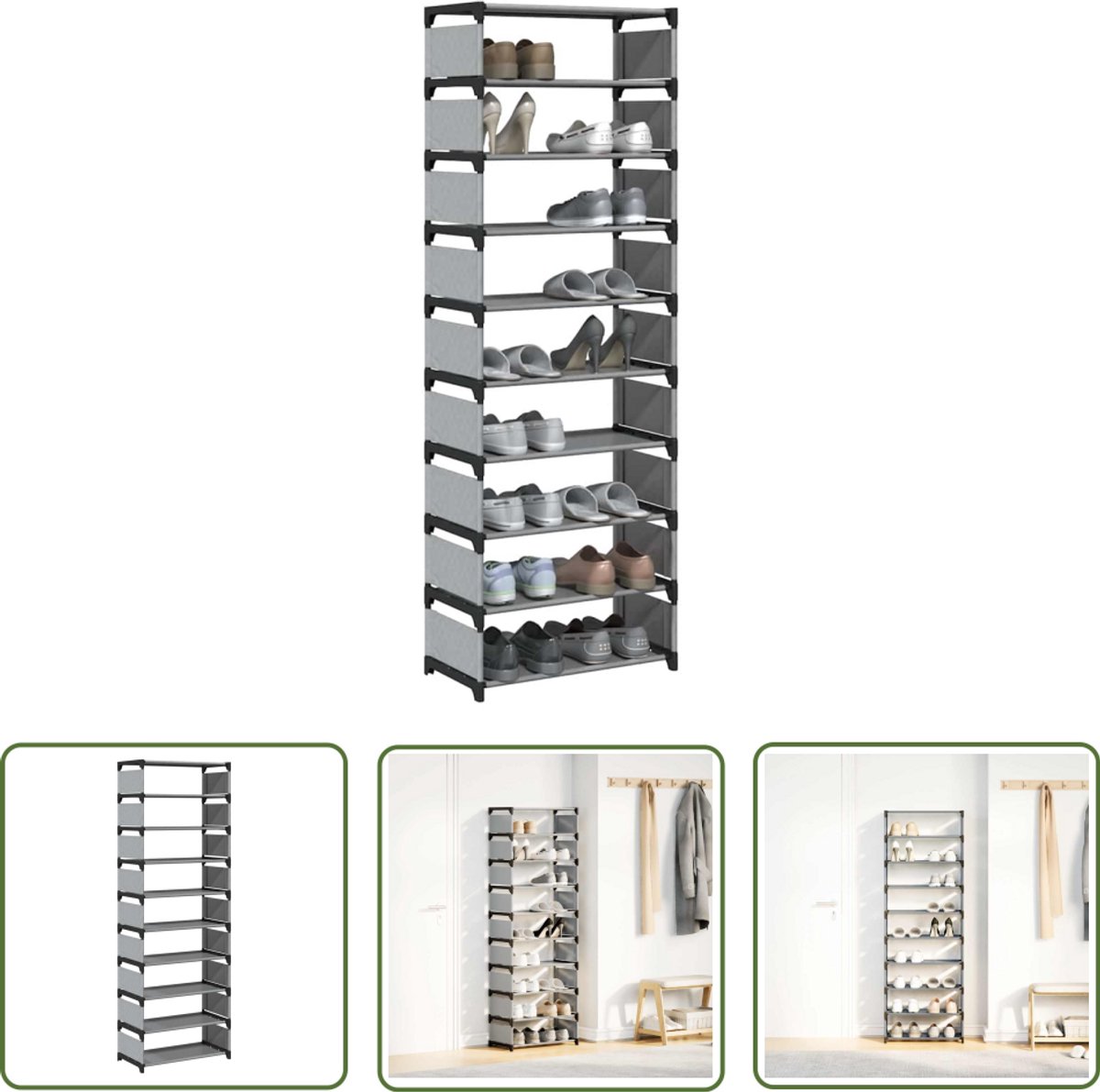 vidaXL Schoenenkast - Schoenenrek - Schoenenrek 10-laags 54x28x158 cm nonwoven stof grijs - Opbergruimte - Organisatie - Kledingopslag (8030605698342)