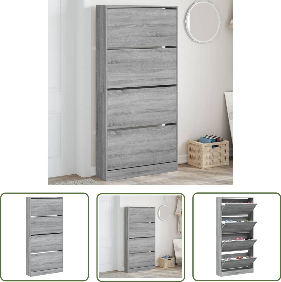 vidaXL Schoenenopberging - Schoenenkast - Schoenenkast met 4 klaplades 80x21x163,5 cm grijs sonoma - Grijze Schoenenkast - Houten Schoenenkast - Compacte Schoenenkast (8721194544164)