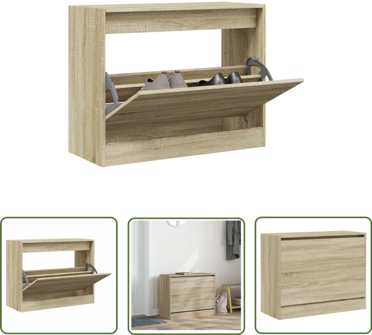 vidaXL Schoenenopbergkast - Schoenenkast - Schoenenkast 80x34x63 cm bewerkt hout sonoma eikenkleurig - Houten Schoenenkast - Sonoma Eiken - Bruine Schoenenkast (8721194387389)