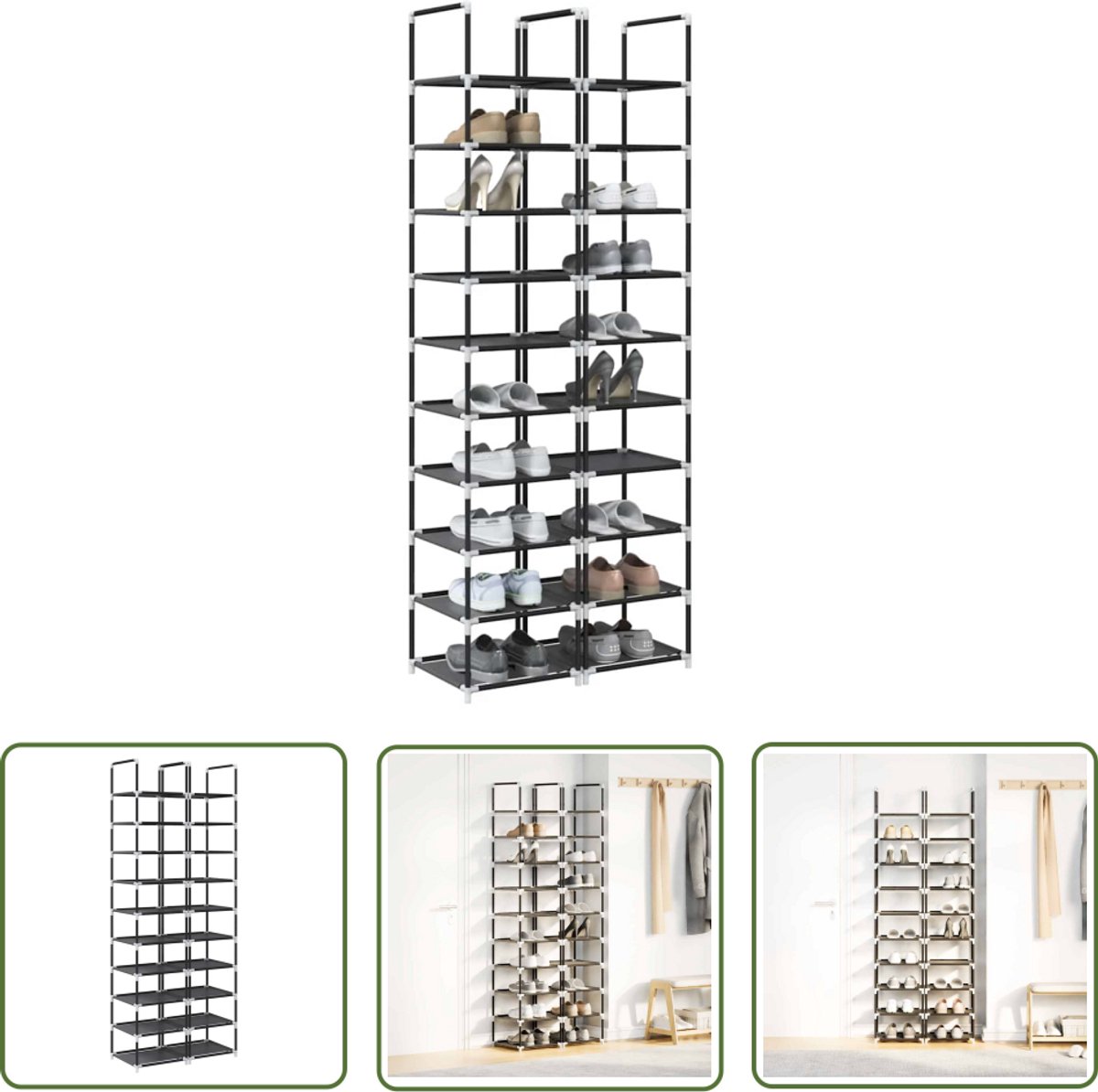 vidaXL Schoenenrek - Schoenenkast - Schoenenrekken 2 st 33x33x174 cm vliesvrij 10-laags zwart - Schoenenopslag - Kledingopberg - Organisatie (8025341010503)