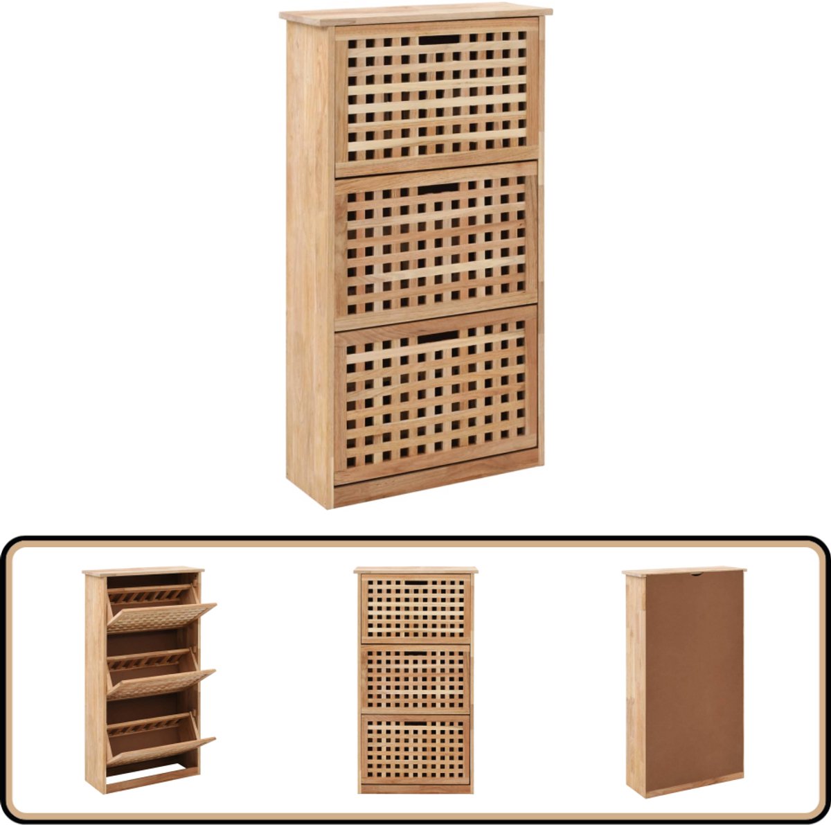 vidaXL schoenenkast massief walnotenhout naturel Schoenenkast - Walnoten Hout - Schoenen Organisatie - Entree Meubilair - Opbergkast (8287568927334)