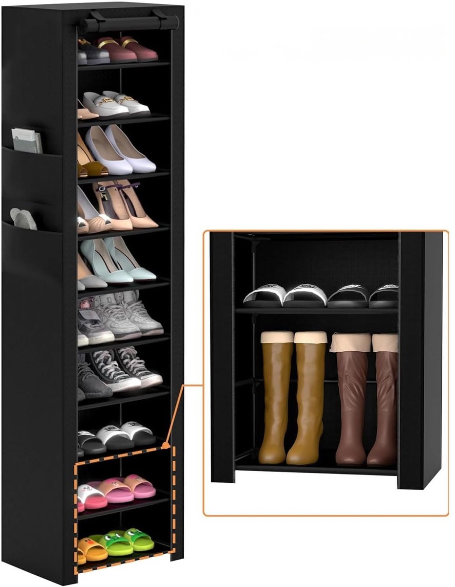 10-Laags Schoenenrek 175cm - Zwart Metalen Staande Schoenenkast met Stofhoes - Smaal Ontwerp 45x30cm - Opbergcapaciteit 20-22 Paren - Waterdicht Stoffen Opbergsysteem voor Gang, Woonkamer, Slaapkamer (0764035338841)